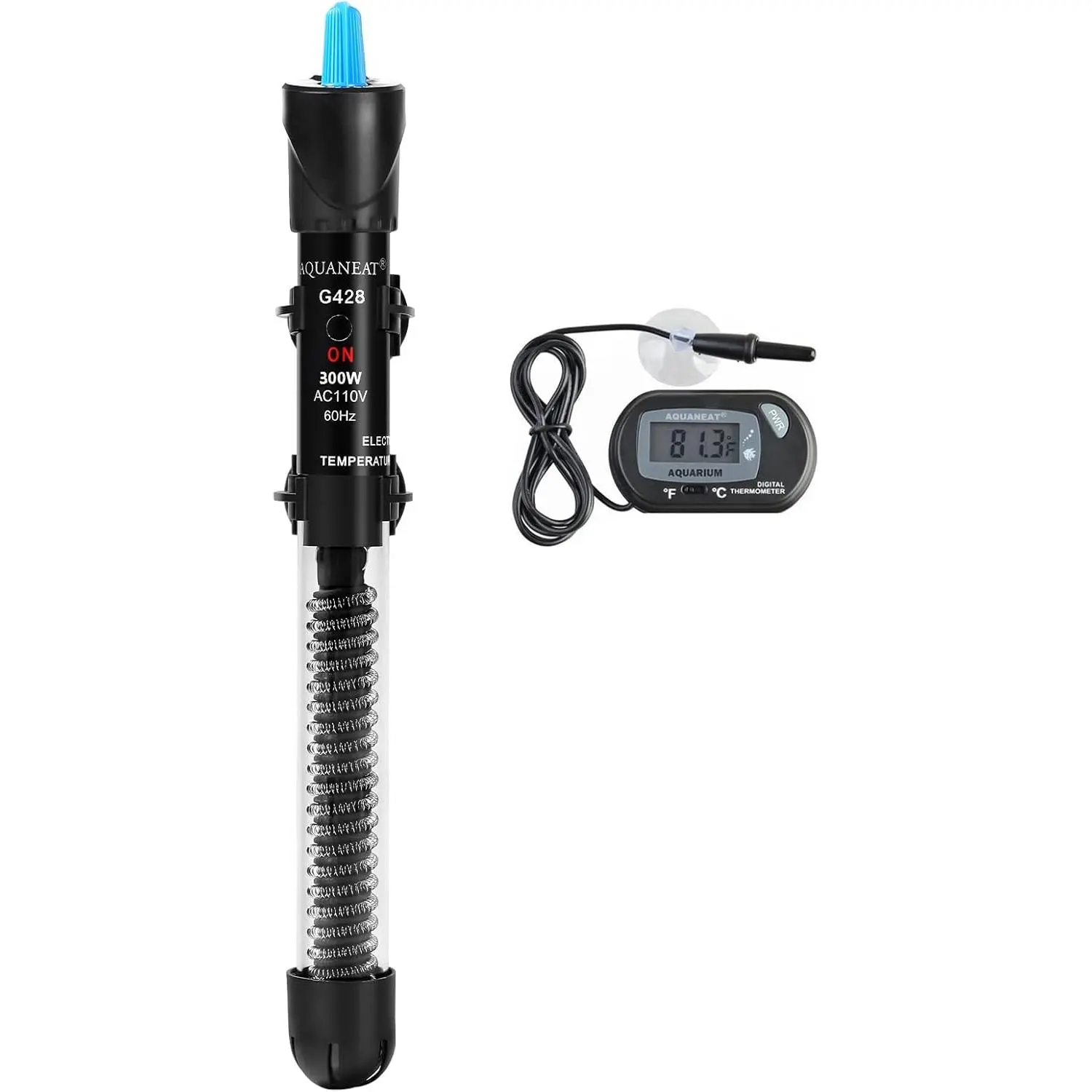 300W Submersible Aquarium Heater for 40-75 GAL Fish & Turtle Tanks, Adjustable Thermostat with Auto Shutoff and Included Digital Thermometer, Fish Tank, Digital Display, 2X Suction Cups, 11.5”X 0.85”X 0.85”, Auto Shut-Off