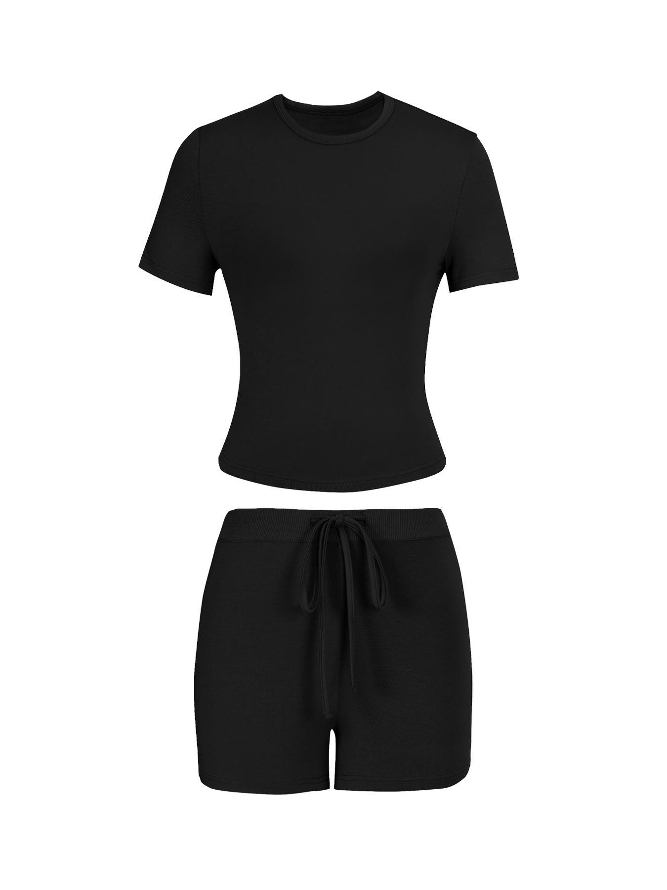 Women's Solid Color Modal Loungewear Two-Piece Set, Casual Comfy Short Sleeve Round Neck Tee & Drawstring Waist Shorts PJ Set, Ladies Sleepwear for All Seasons
