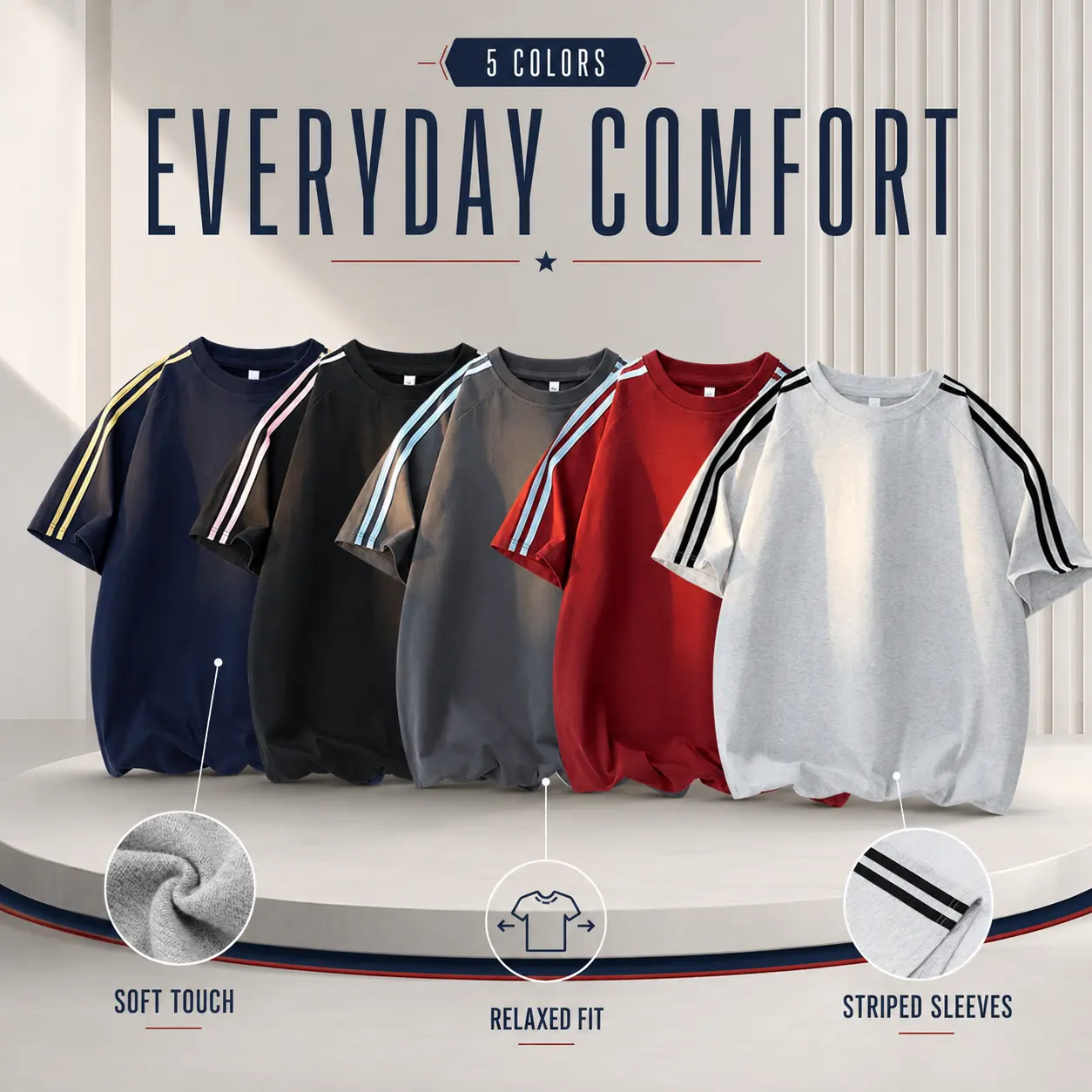 Men's Contrast Stripe Short Sleeve T-Shirt, Loose Fit Crew Neck Casual Tee, Soft and Comfortable Everyday Top