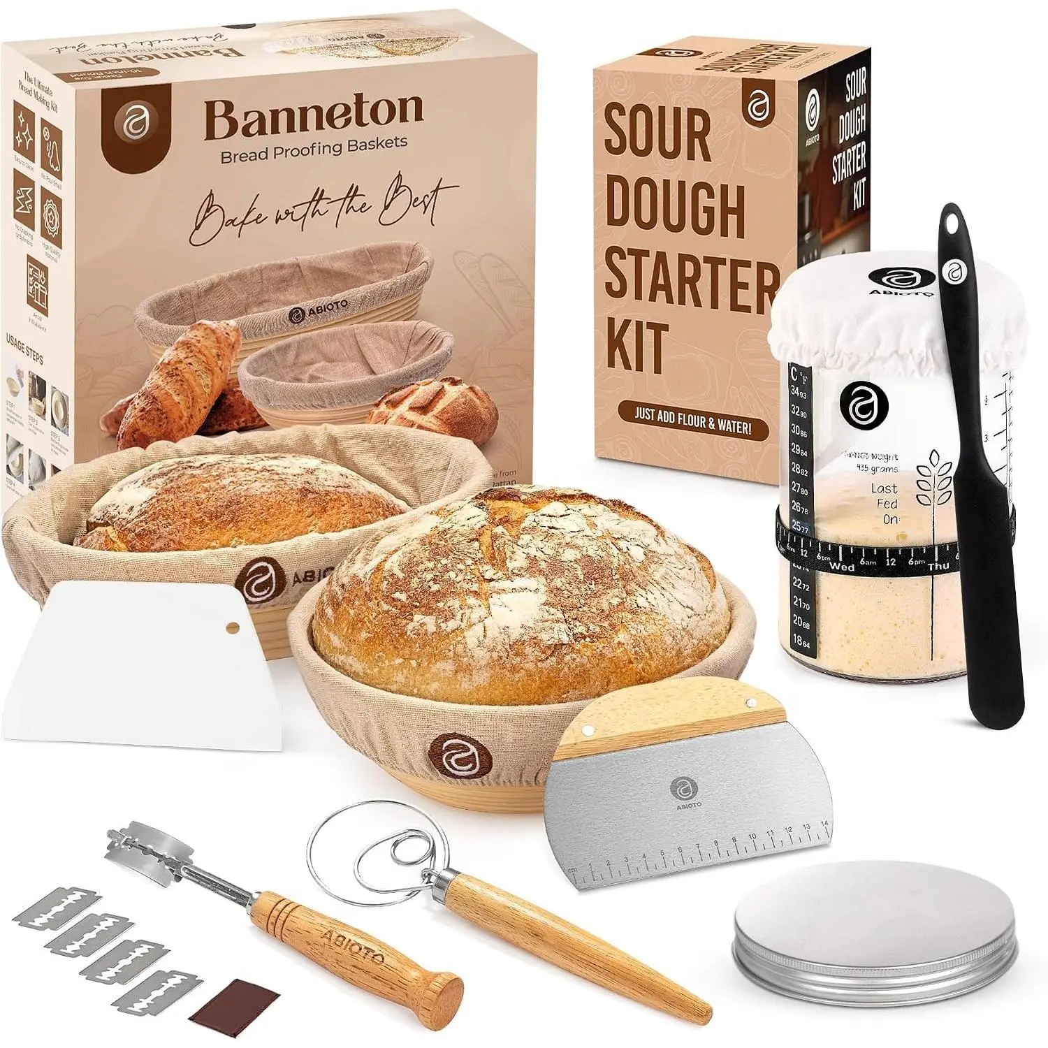 Sourdough Bread Baking Supplies and Starter Kit -  Bread Making and Sourdough Starter Kit with Proofing Baskets, 34oz Sourdough Jar, Bread Lame, Scrapers & Danish Whisk
