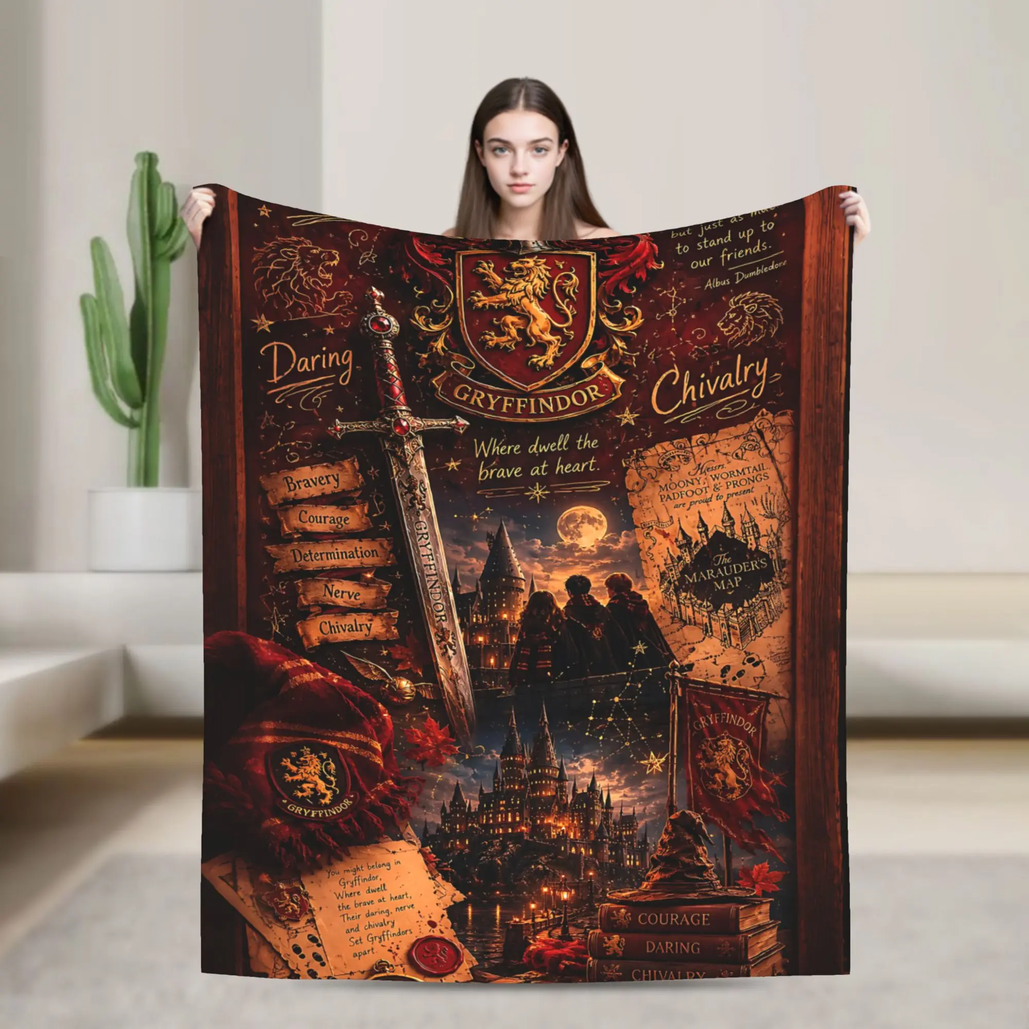 Harry Potter Gryffindor Lion Crest Wizard Castle  Blanket, Vintage Magic Hogwarts Castle Marauder's Map Sword Print Soft Blanket, Lightweight Couch Bed Blanket, Fantasy Wizard Movie Fan Home Decor Gift