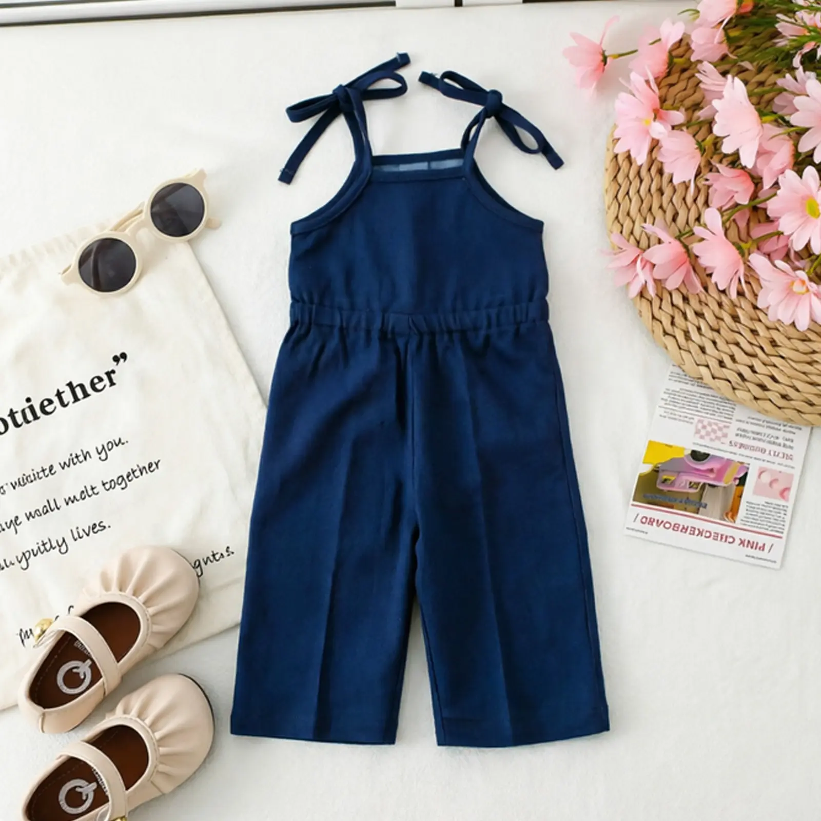 Girls' Solid Cotton Denim Jumpsuit, Sleeveless High Waist Overalls with Long Pants, Casual Summer Clothes for Outdoor Daily Wear