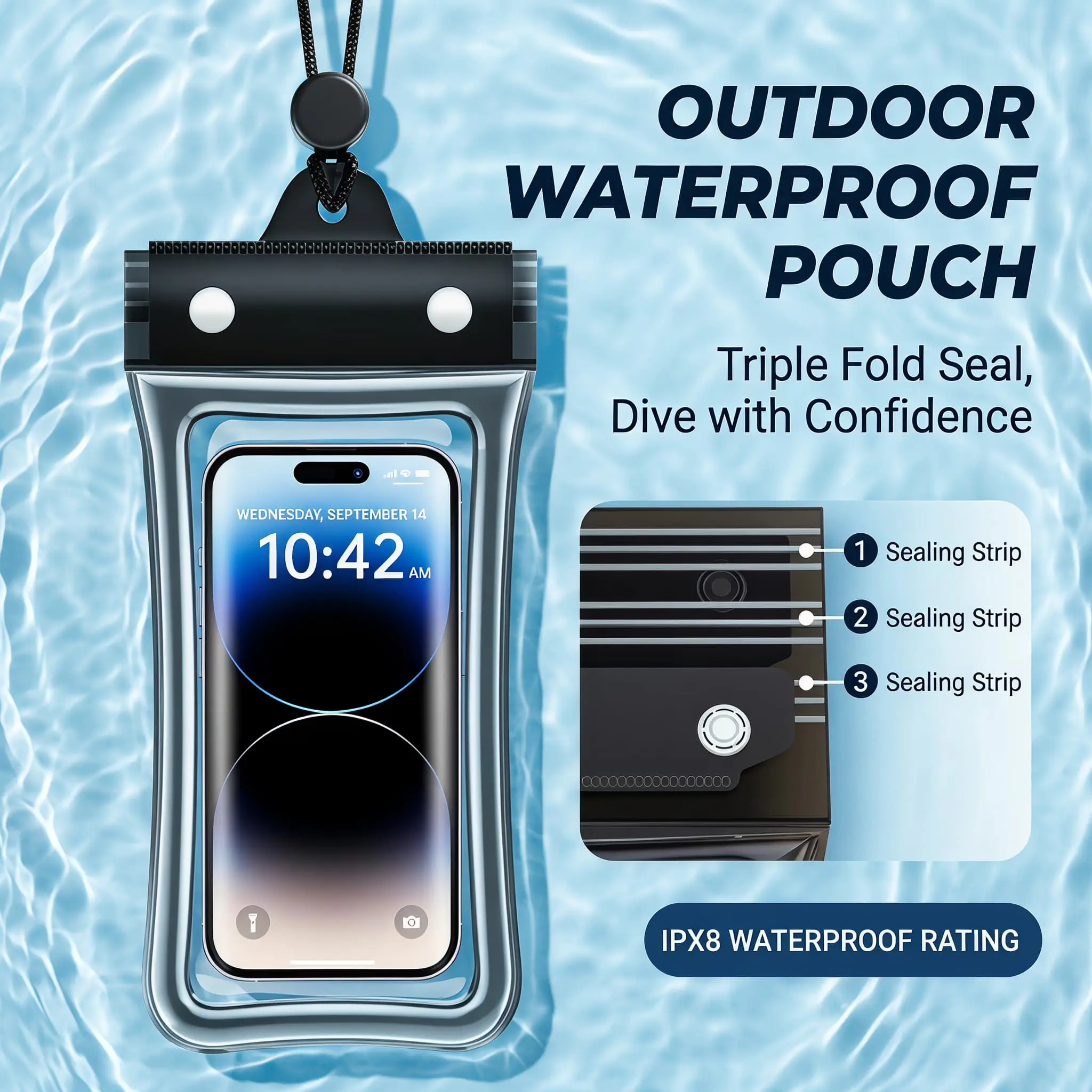 IPX8 Waterproof Phone Pouch Cases 2 Pack - Floating Dry Bags with Secure Lock Seal, Touchscreen Compatible, Lightweight & Portable for Swimming Pool, Beach, Water Sports