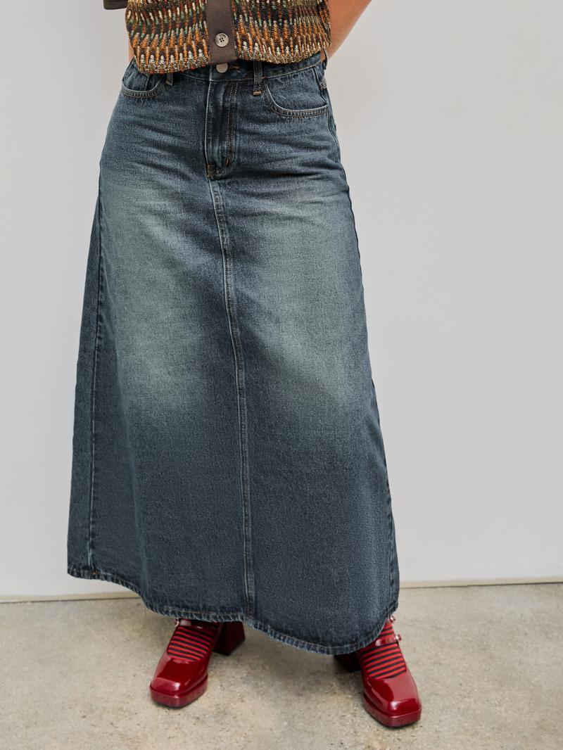 Cider [size 0-26] Denim Mid Waist Solid Pocket Maxi Skirt