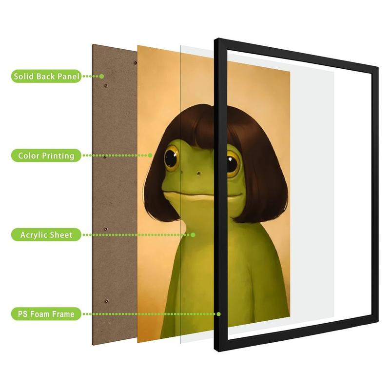 wooden frame Whimsical Frog Portrait Art With Bob Haircut (Frame)- Funny Animal Wall Art Poster Black Or Gold Framed Acrylic Wall Hanging Painting Canvas Painting Wall Painting Canvas Poster Decorative Painting Hallway Home Decoration