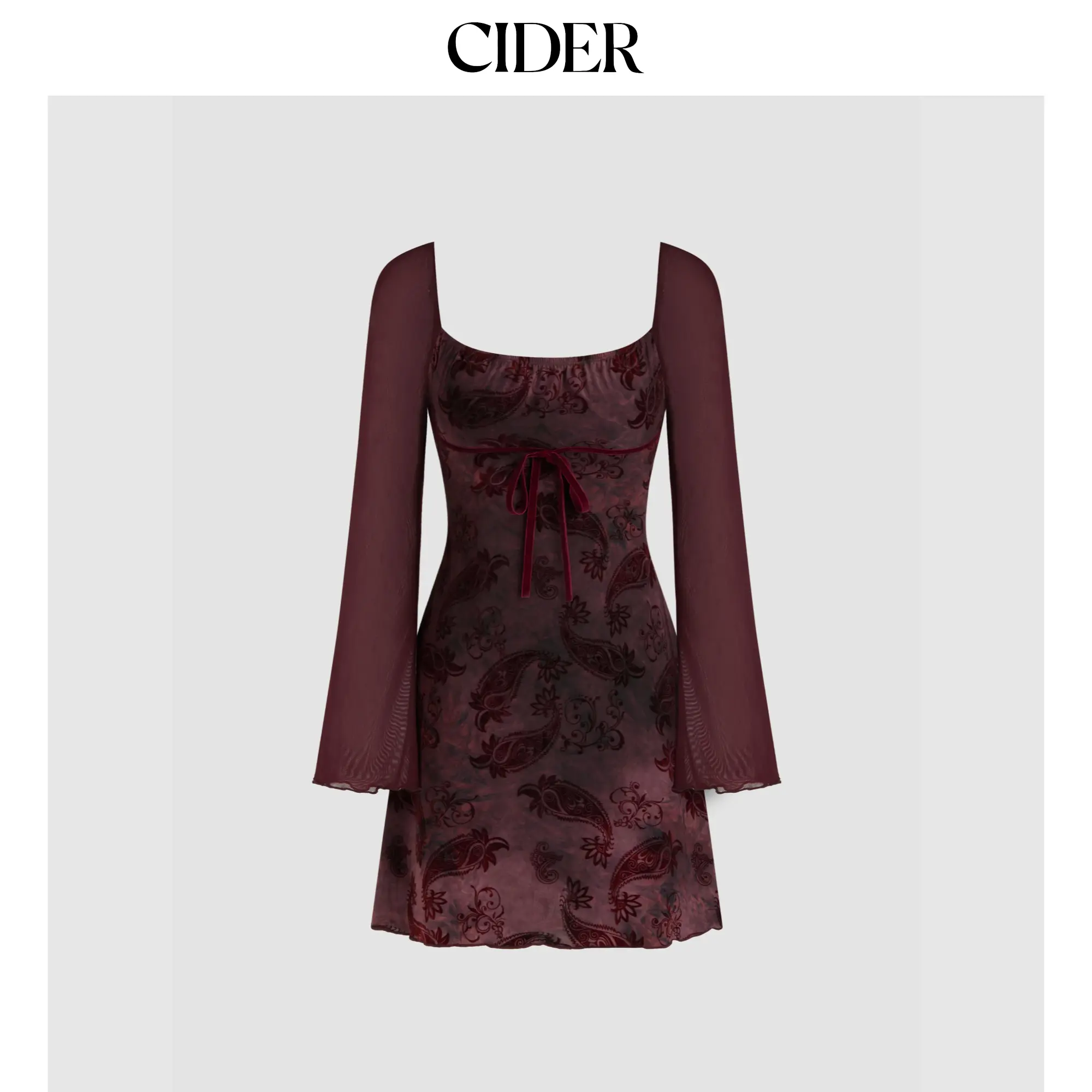 Cider Square Neck Floral Paisley Knotted Long Sleeve Mini Dress