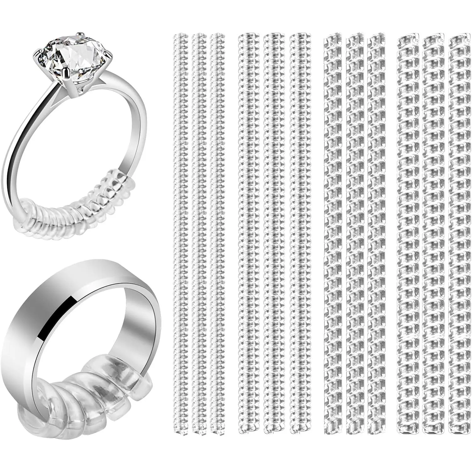 Ring Sizers for Loose Rings, Ring Size Adjuster Spacer Tightener | 12 Pack 4 Sizes Invisible Clear  Ring Guard for Women Men, Ring Resizer Fitter for Too Big Ring, Make Ring Smaller