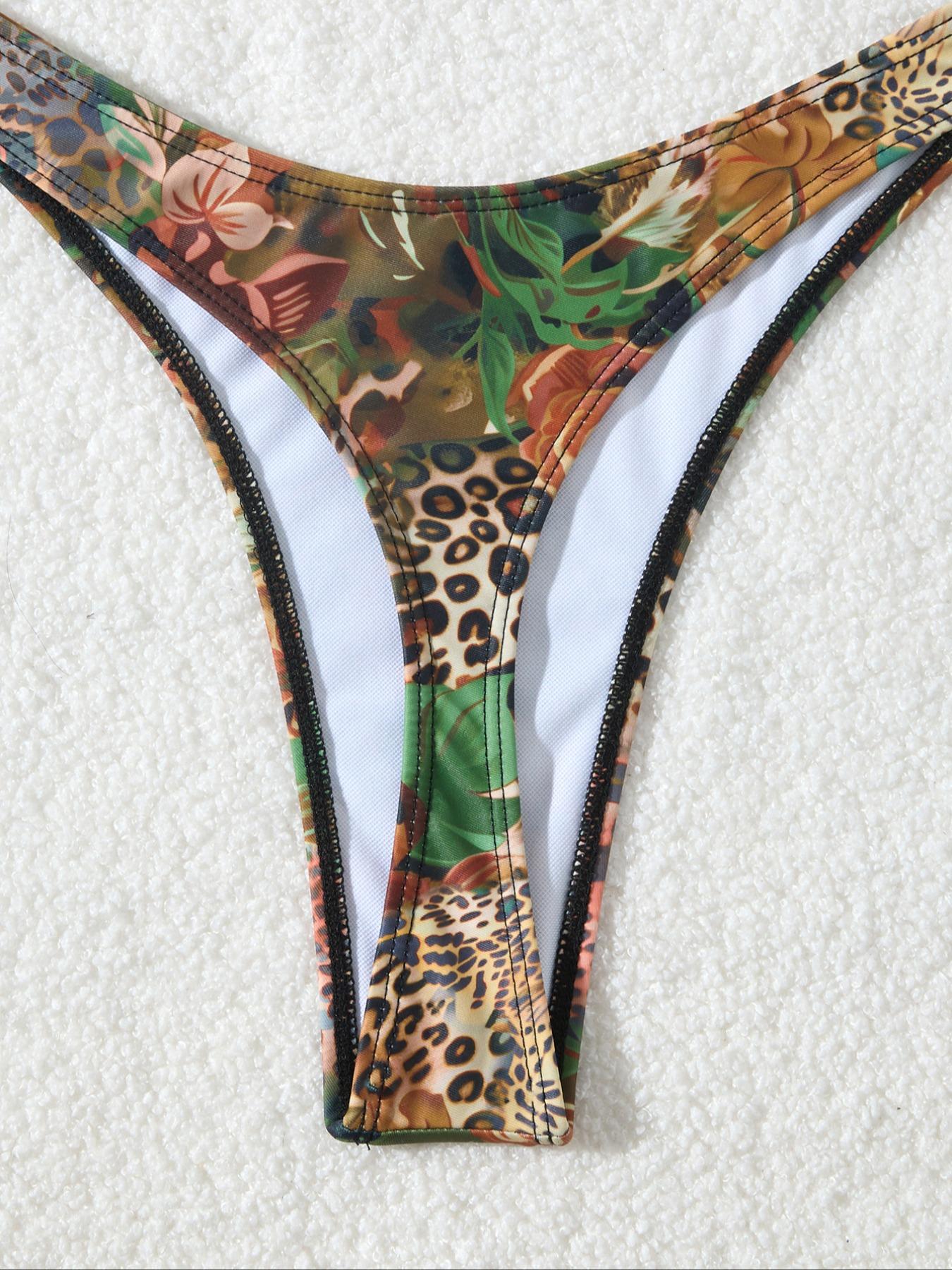 Women's Leopard & Floral Print Halter Bikini Set, Casual Fashion Tie Back Backless Swim Top & Swim Panty & Cover Up Skirt for Beach Holiday Vacation, Ladies Swimsuit for All Seasons, Leopard Print Bikinis