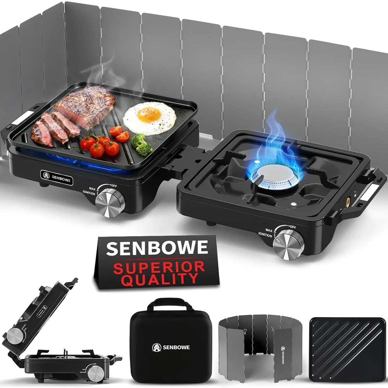 2-Burner Pro Camping Stove,24000 BTU Camp Stove,Foldable Propane Stove Includes Carry Bag,Windscreen Griddle, Portable Stove,Camping Essentials,Suitable For Outdoor Cooking (Black)