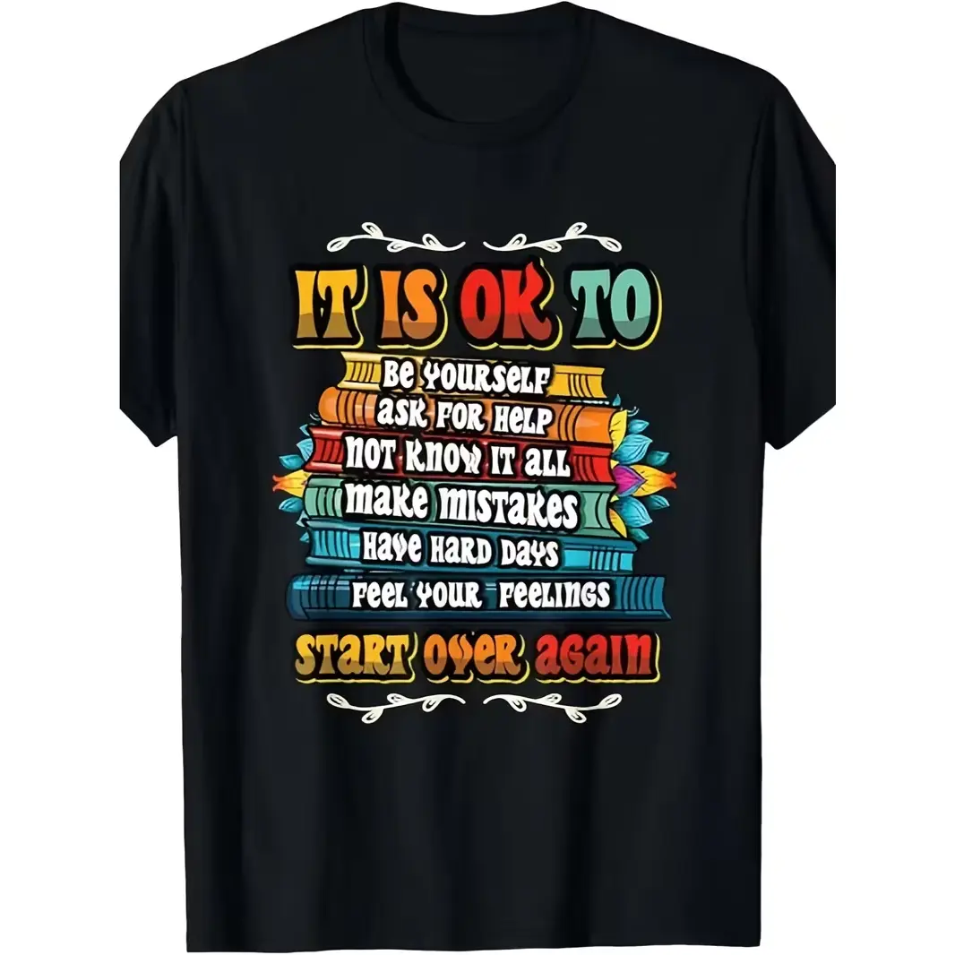 Positive Quote Book Stack Mental Health Graphic Oversized Cotton T-Shirt, Cute Comfort Fashion Outfit, Kind Affirmation Letter Tee, Ideal Valentine Gift For Her Him, Best Holiday Present For Book Lovers Self Care Friends Family