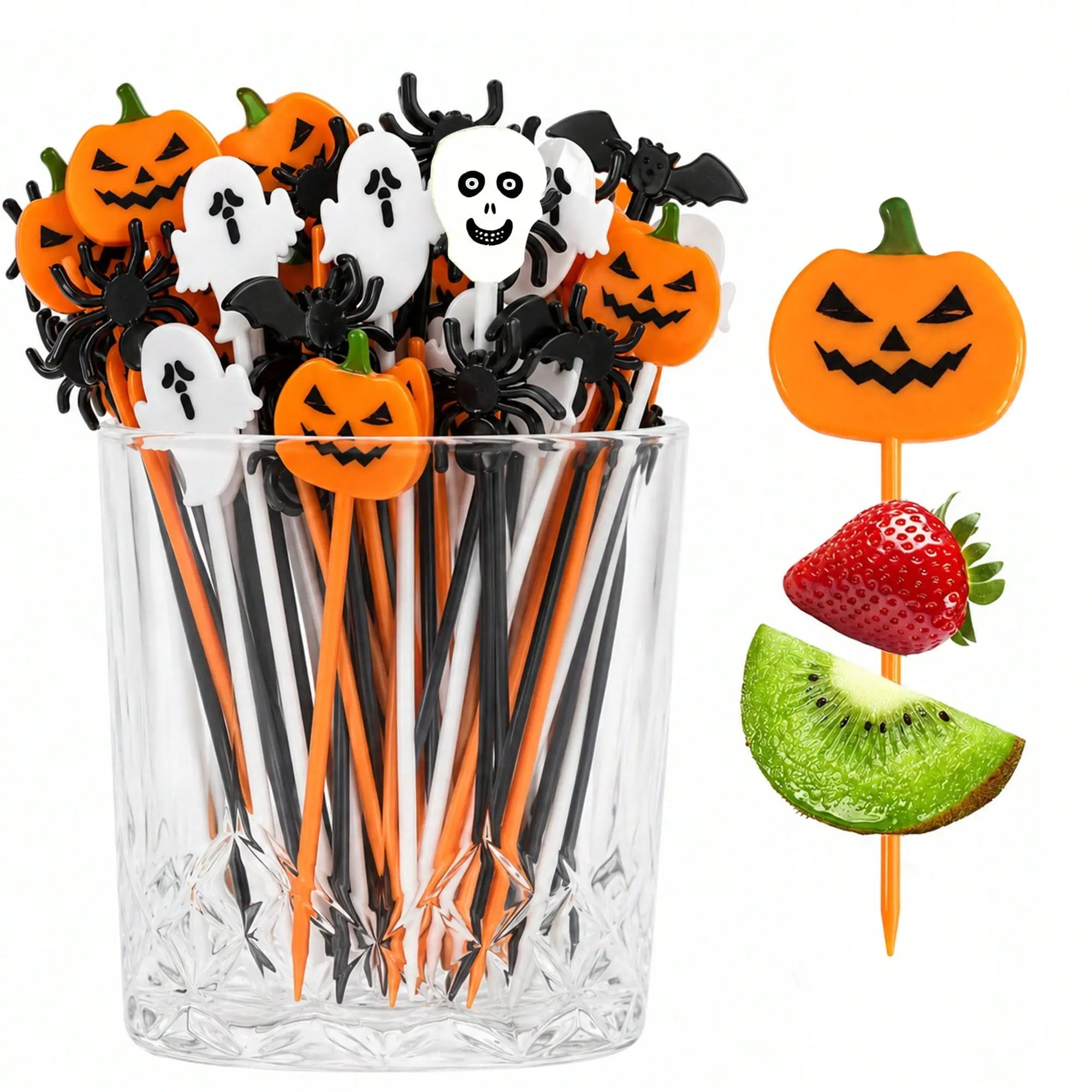 30 Pieces Halloween Fruit Picking Pumpkin Ghost Spider Bat Food Picks, Halloween Party Paper Cup Cake Toppers, Fun Decorations