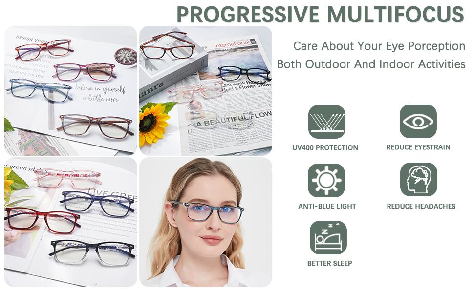 2 Pack Progressive Multifocus Reading Glasses Men and Women Computer Blue Light Blocking Anti Eyestrain Readers (Blue Brown, 1.75)