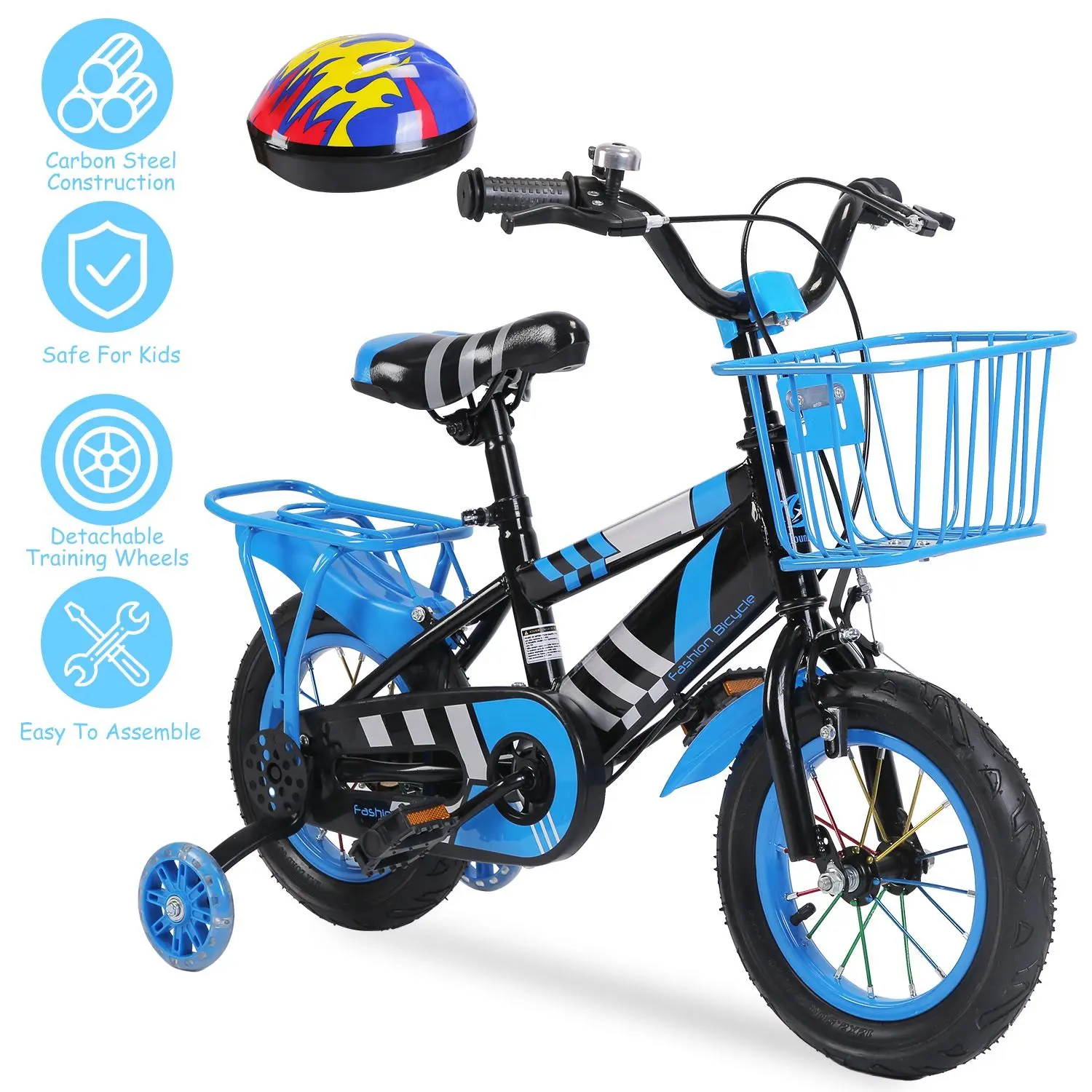 GPCT5448 Boys Bike for Kids Cycling, Ages 2-7 Years, 12in/16in High Carbon Steel Bicycle with Functional Detachable Parts (Training Wheels), Helmet, Basket, Rear Seat, Chain Guard, Easy Assembly, 70kg/100kg Load Capacity, 7.55kg/9.1kg Net Weight