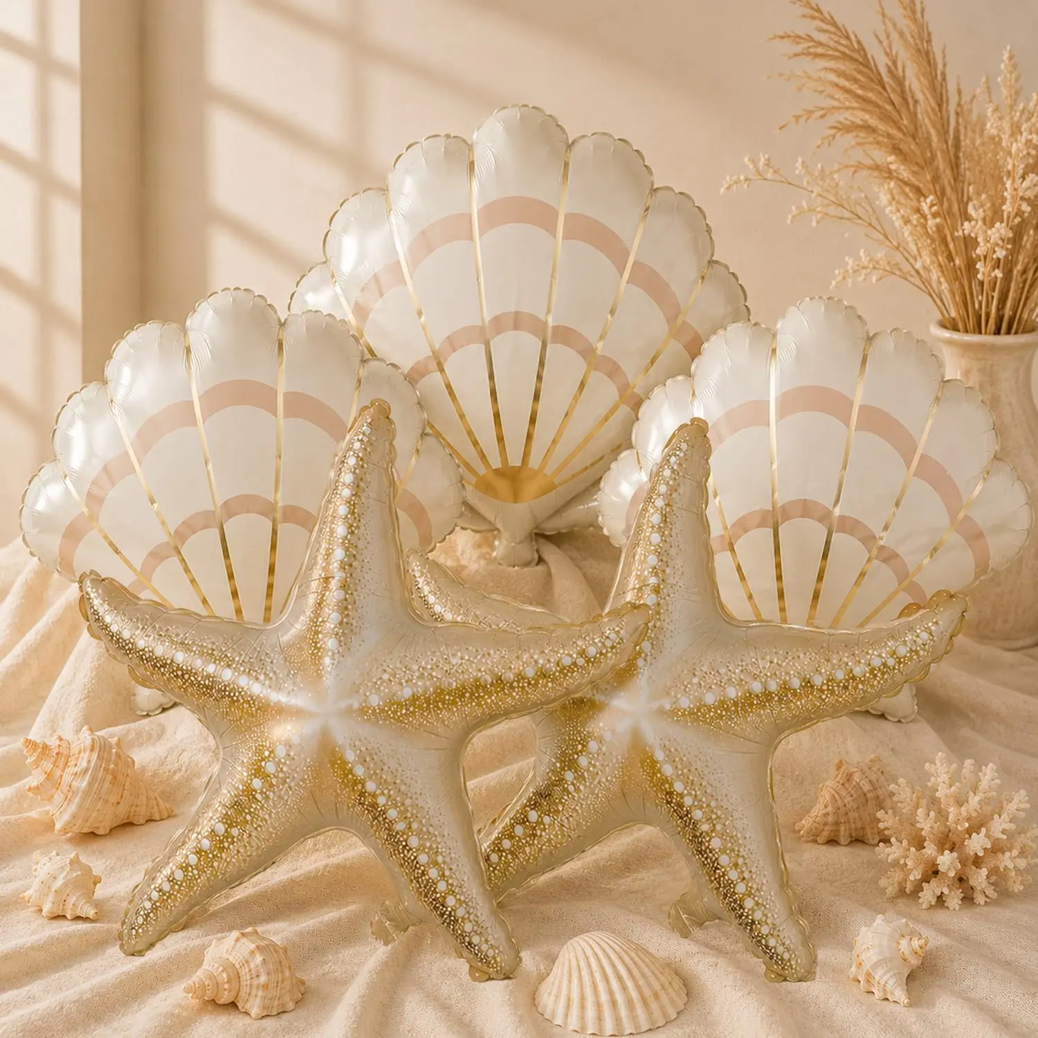 5PCS Coastal Starfish and Seashell Balloons Set, Champagne Gold Starfish Foil Balloons with Pearl Shell Balloons for Beach Bridal Shower Decorations, Ocean Theme Party Decor