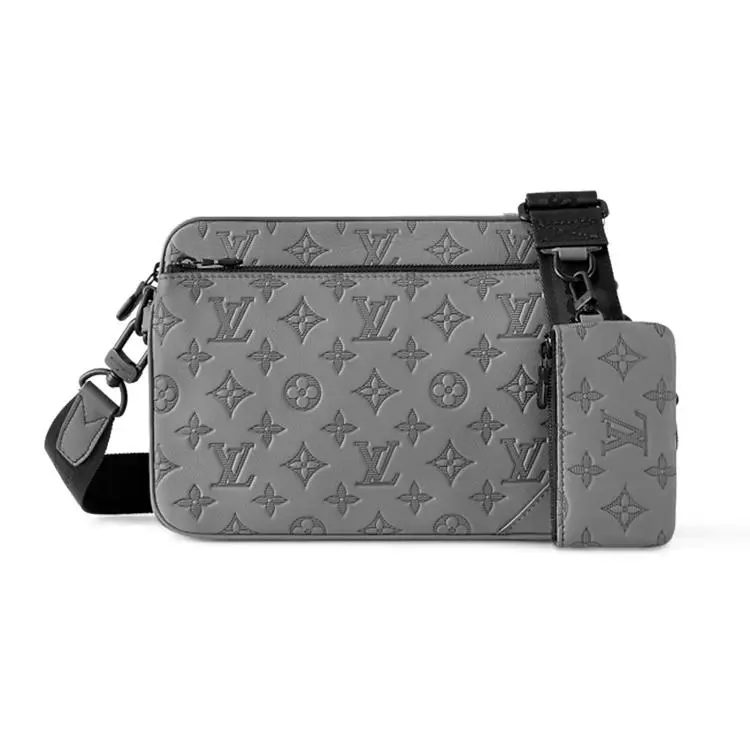 Louis Vuitton Trio Messenger Bag for Men – Removable Adjustable Strap, Zip Closure, Gray Calfskin Crossbody Satchel