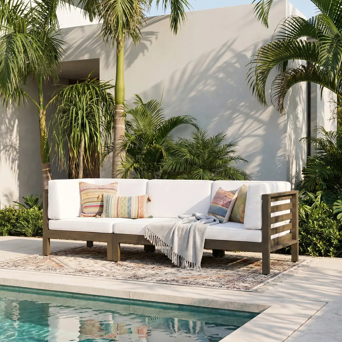 Christopher Knight Home® OANA 3-Piece Sectional Sofa Set, White, Acacia Wood, Outdoor Seating, 30.25 Inches Deep, 26.50 Inches High, Three Pieces
