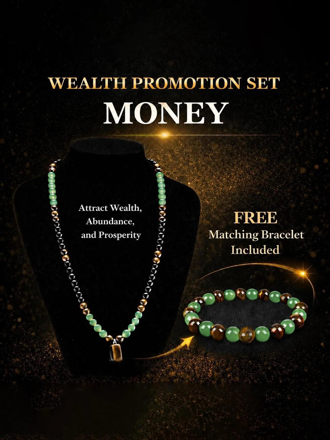 [Buy Necklace Free bracelet]Money Attraction Necklace Set with Green Aventurine & Tiger Eye, beaded jewelry protection bracelet encouragement gift fashion artificial bracelet of the day Colorblock Beaded Crystal Bracelet , Good Luck & Abundance