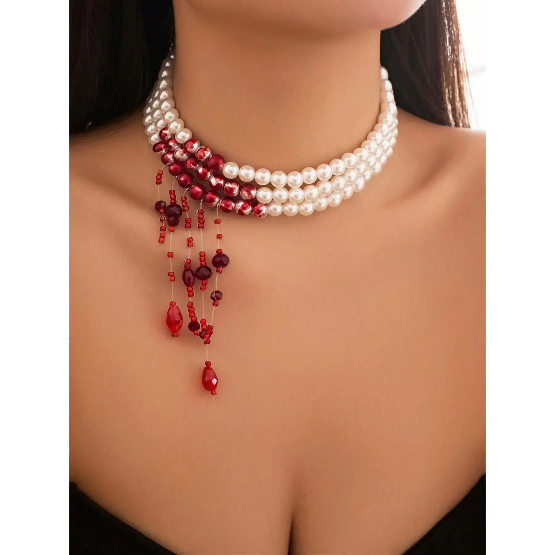 Vintage Punk Gothic Style Crystal Blood Drop Tassel Necklace, Crystal Pendant, Layered Pearl Beaded Chain, Women's Party Jewelry Gift, Statement Necklace, Unique Design Pendant, Accessory Necklace