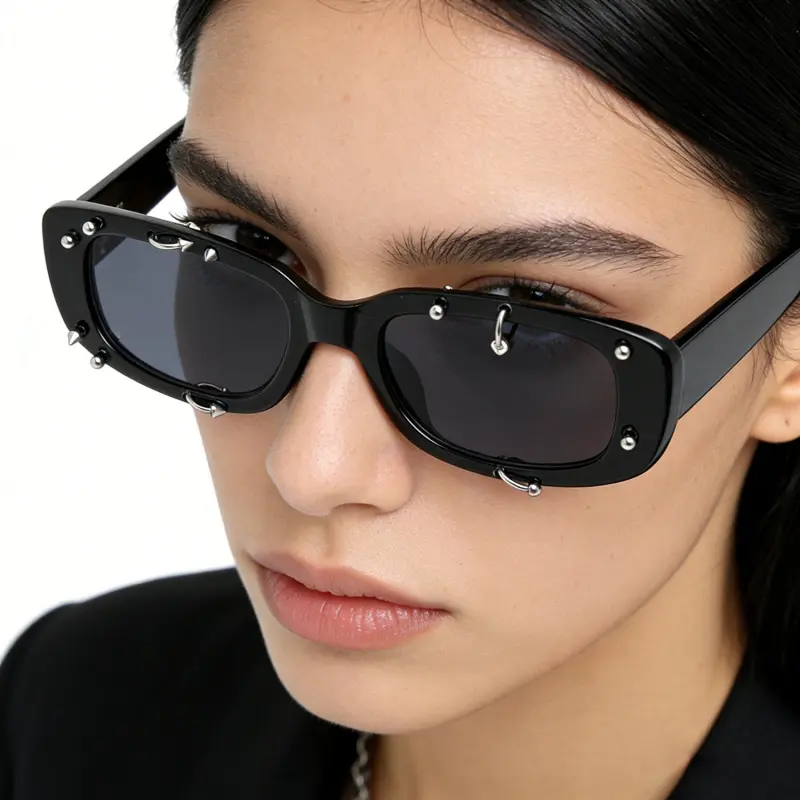 Y2K Studded Small Rectangle Sunglasses, Punk Cyber Party Shades for Rave Festival Stage Performance, Trendy Unisex Eyewear
