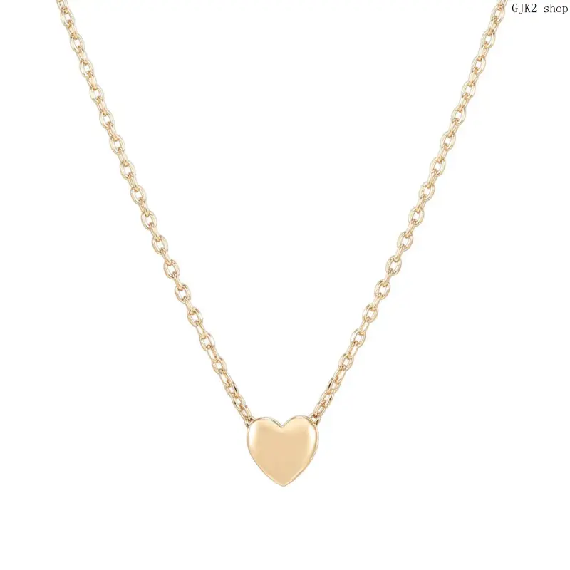 Gold Tone Solid Mini Heart Pendant Necklace, Dainty Thin Paperclip Link Chain Minimalist Women Daily Jewelry Gift