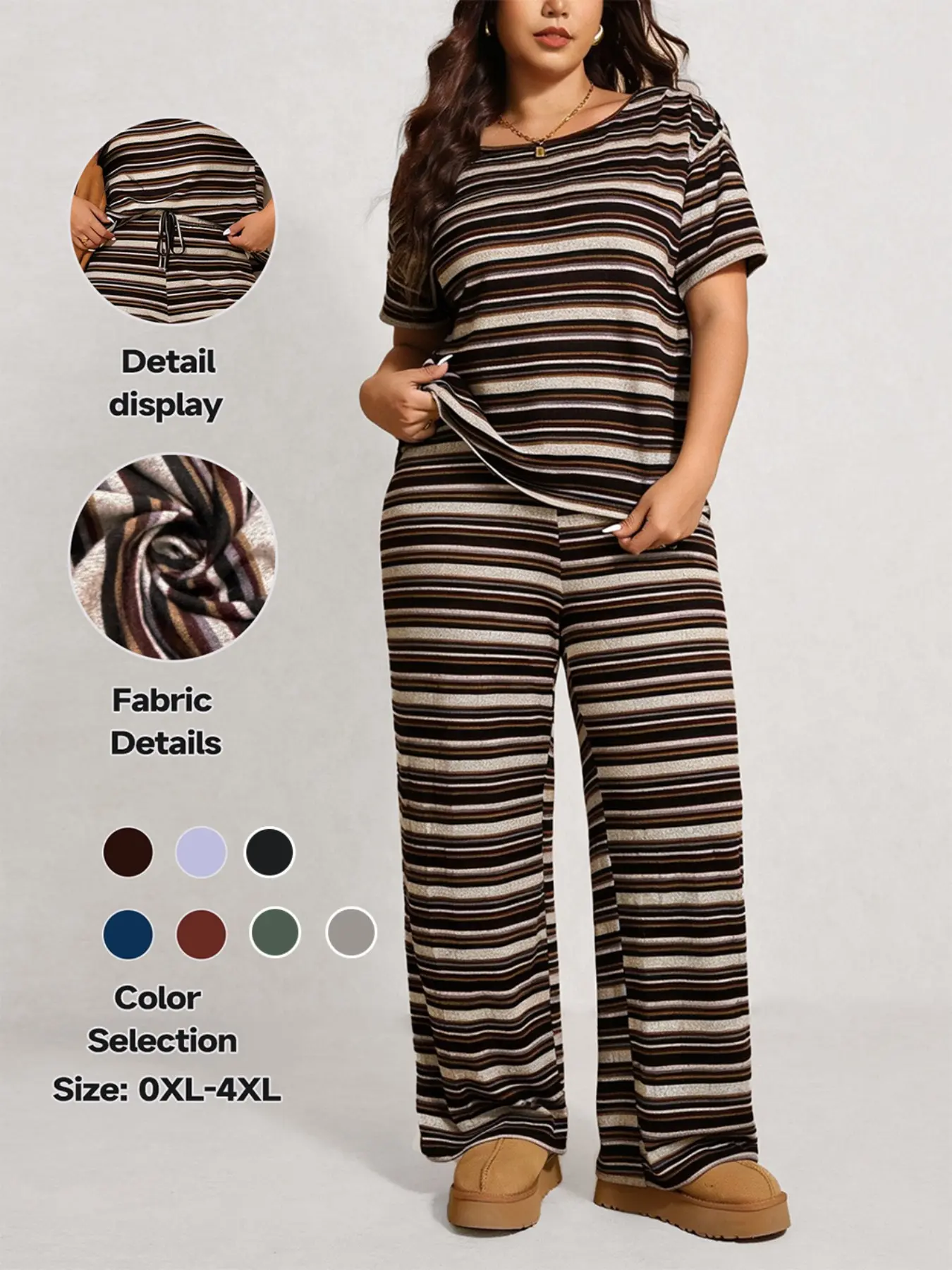 Women's Plus Size Loose Retro Striped Drop Shoulder Round Neck T-Shirt and Pants Set, Comfortable Home Wear, Casual Fashion for Night Out