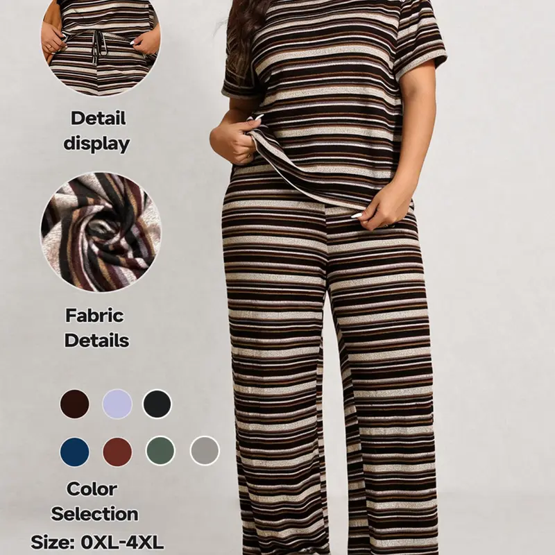 Women's Plus Size Loose Retro Striped Drop Shoulder Round Neck T-Shirt and Pants Set, Comfortable Home Wear, Casual Fashion for Night Out, Summer Outfit Set