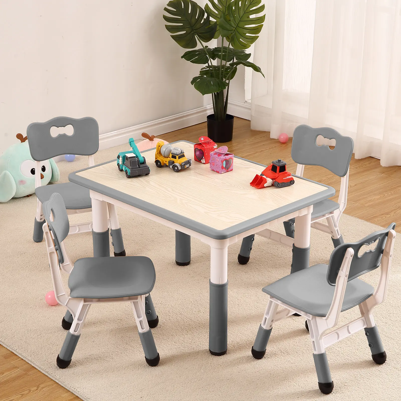 Kids Table and 4 Chairs Set,31.5"Height Adjustable Toddler Table and 4 Chairs Set With Non-Slip Desk Legs&Organizer Graffiti Desktop,Preschool Activity Kids Table Set for Ages 2-10 (Gray)