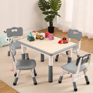 Kids Table and 4 Chairs Set,31.5"Height Adjustable Toddler Table and 4 Chairs Set With Non-Slip Desk Legs&Organizer Graffiti Desktop,Preschool Activity Kids Table Set for Ages 2-10 (Gray)