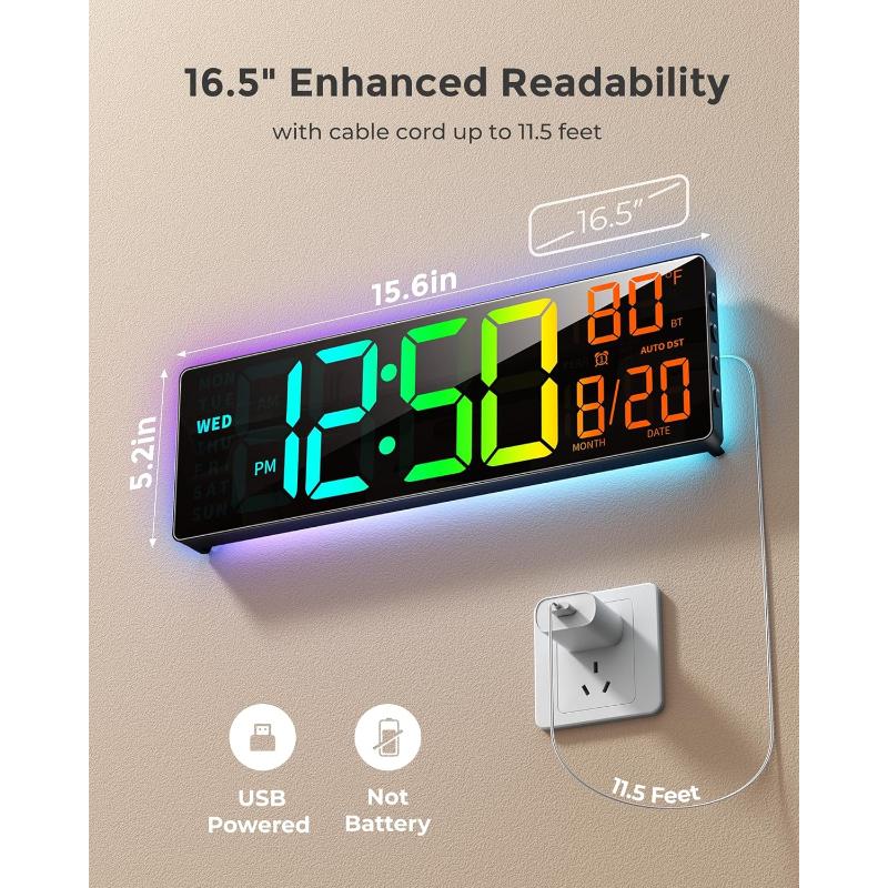 EASYERA 16.5" Large Wood Grain Digital Wall Clock with Remote Control RGB Atmosphere Lights 11 Scenes Dual Alarms LED Display for Livingroom Classroom, Office, Game, Craft Room, Game-Changer for Seniors & Elderly, Grey & Kids.