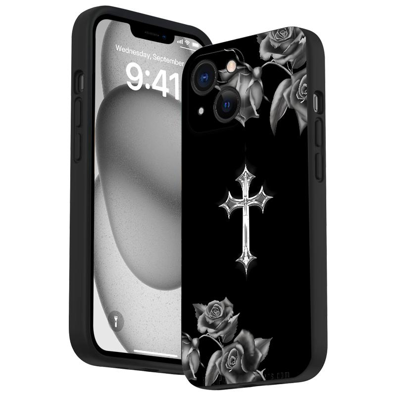 Rose Cross Pattern Straight Edge Phone Case for iPhone 16 15 14 Pro Max 13 12 11 XR XS Plus Shockproof Full Camera Protection Durable slim Silicone Cover