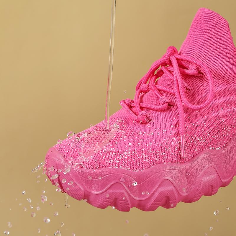 [Sparkling Waterproof Sneakers] Pink Sparkling Waterproof Sneakers - Comfortable, Breathable, All-Season Ladies Shoes - Thick MD Sole Footwear Closed Girl Women Runner Trainer Running Training