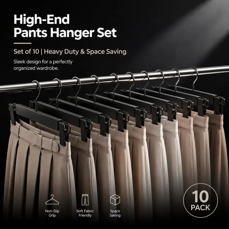 10 Pack Non Slip Pants Hanging Hangers With Soft Fabric Clips, Space Saving Skirt Trouser Storage Organizer, Sturdy Heavy Duty Closet Accessories, Gentle On Garments For Slacks, Jeans And All Daily Bottom Clothes