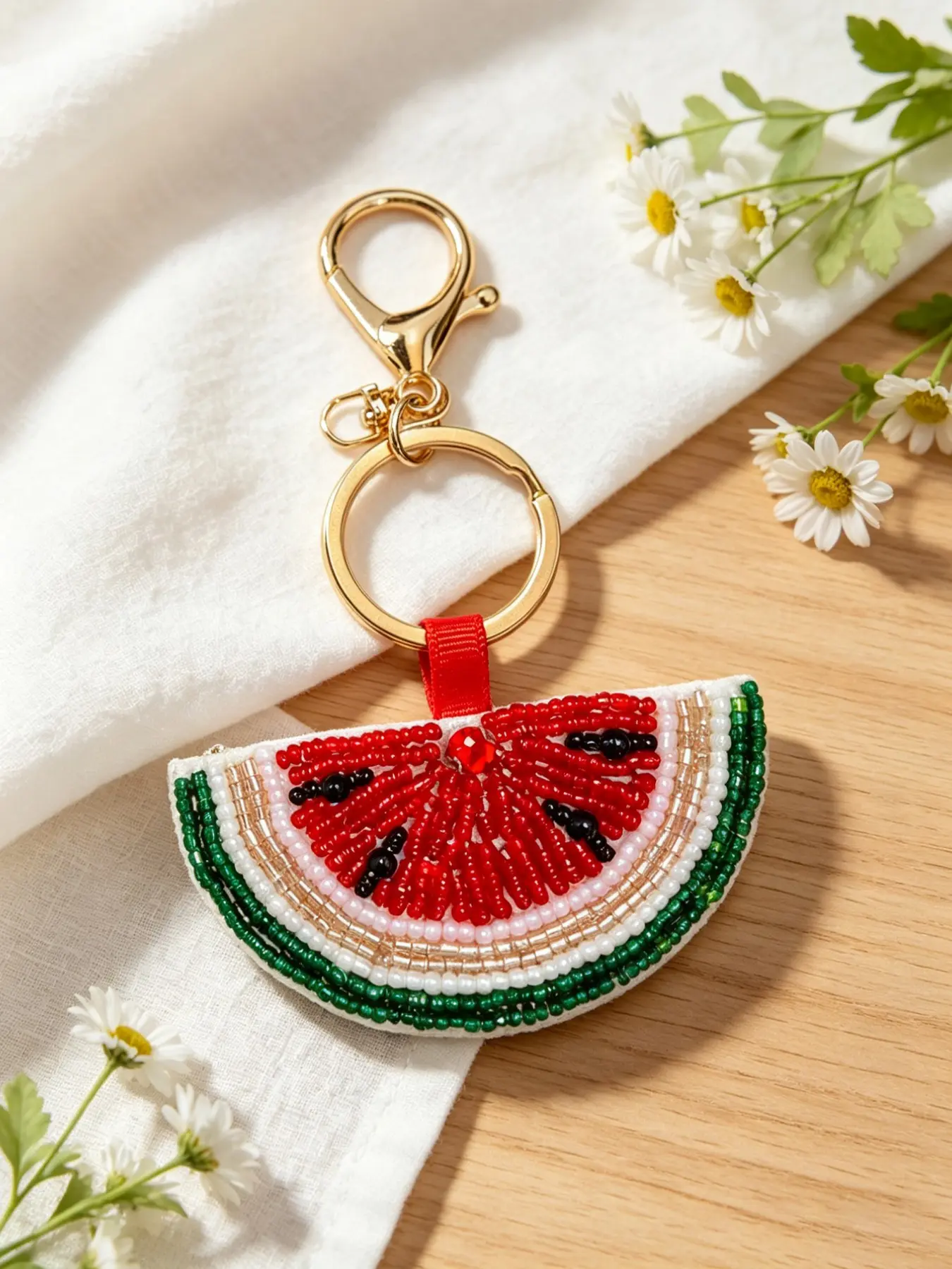 Refreshing Handmade Beaded Watermelon Slice Keychain, Colorblock Fruit Bead Pendant, Cute Summer Bag Accessory