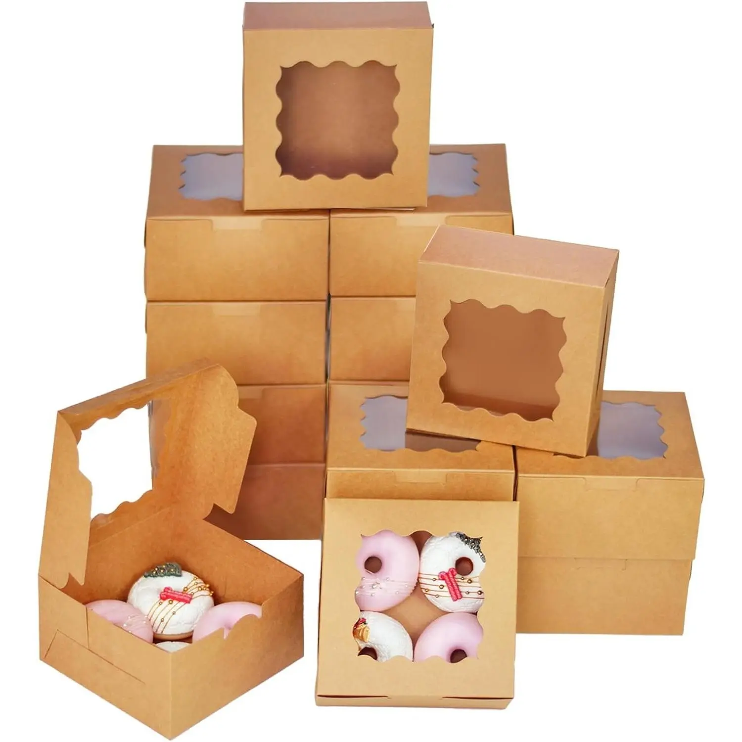 30-Pack Brown Bakery Boxes with Window 6x6x3 Inches Thick & Sturdy Macaron Pastry Cookie Boxes for BakeriesGift