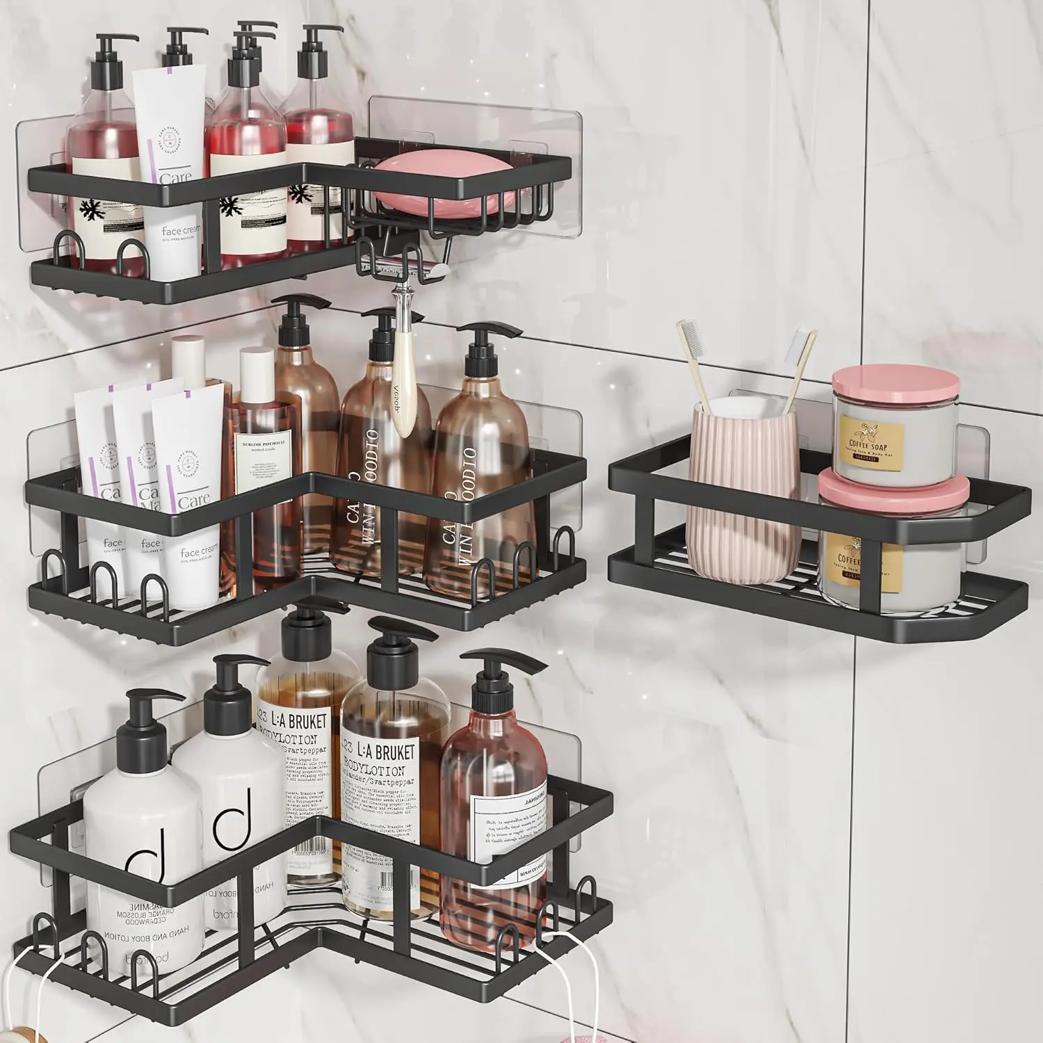 Shower  Corner No Drilling-Adhesive, Shower Shelves-Rustproof | Organizer for Dorm. Black, 4-Pack - with Soap Holder