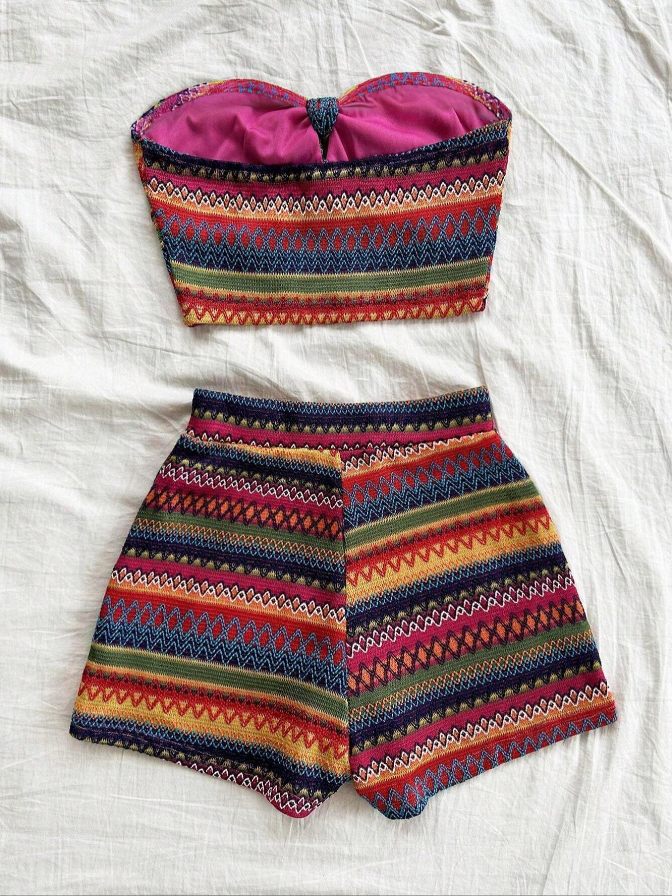 Women's Striped Pattern Crop Tube Top & High Waist Shorts Set, Casual Fashion Cozy Two Piece Set for Daily Outdoor Wear, Ladies Clothes for All Seasons Womenswear