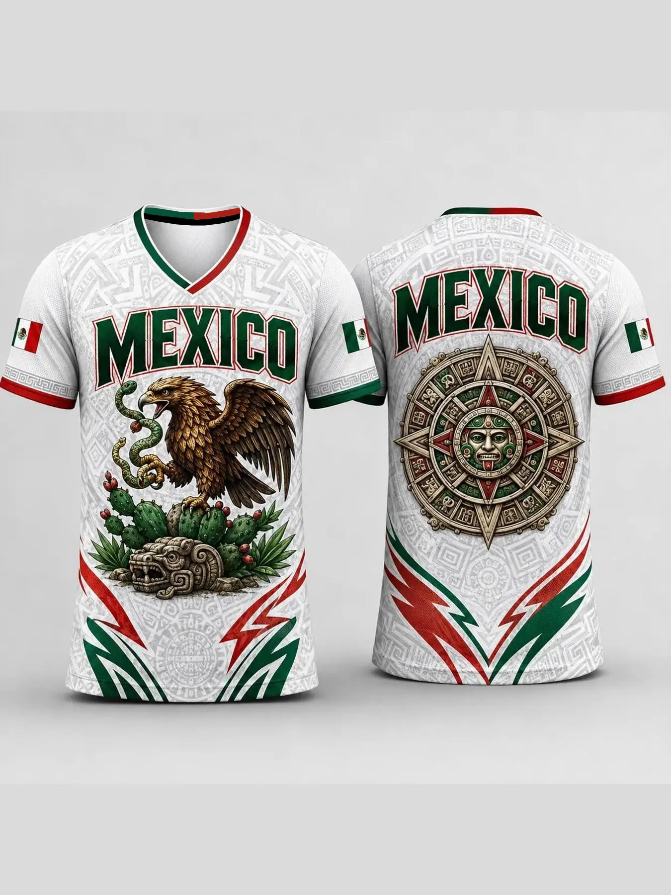 Mexican Style V-Neck Short Sleeve T-Shirt, Casual Sports Tops, Sports Tees, Sportswear, Eagle & Snake & Cactus Pattern, Casual Football Tee for Fan