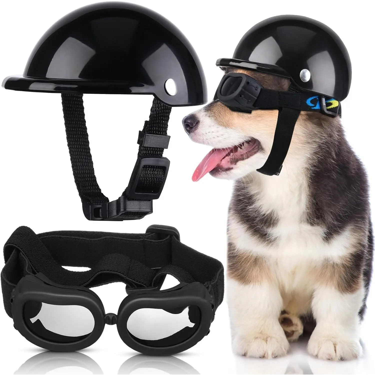 Dog Helmet and Goggles, UV Protection Doggy Sunglasses and 4 Inch Padded Puppy Motorcycle Helmet Adorable Dog Goggles with Adjustable Belt for Small Dogs Puppy Riding(Black,S)