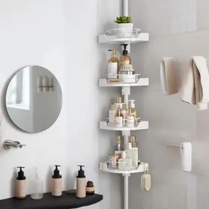 4 Tier Corner Shower Caddy Tension Pole with Hooks, 360° Rotating Rustproof Bathtub Shower Organizer, 33.5-124 Inch Adjustable Floor to Ceiling Shower Caddy