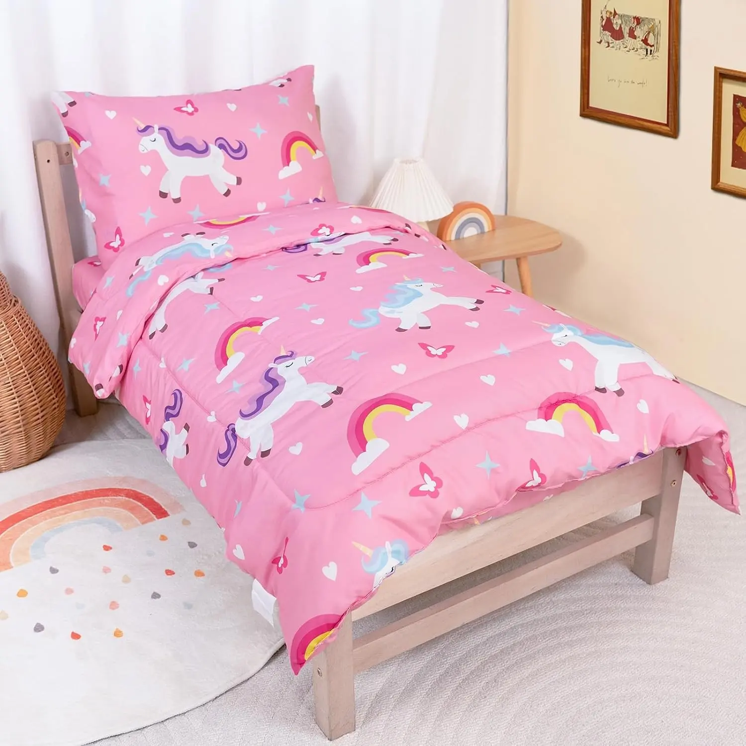 4-Piece Toddler Bedding Set for Girls, Pink Unicorn - Includes Comforter, Fitted Sheet, Flat Sheet & Pillowcase(Gift)