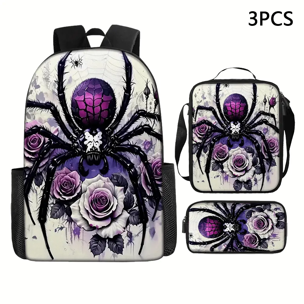 3-Piece Gothic Purple Spider White Rose Backpack Set. Large capacity backpacks, including a pencil case and crossbody bag. Stylish and unique, suitable for commuting or outdoor activities, a versatile fashion item.