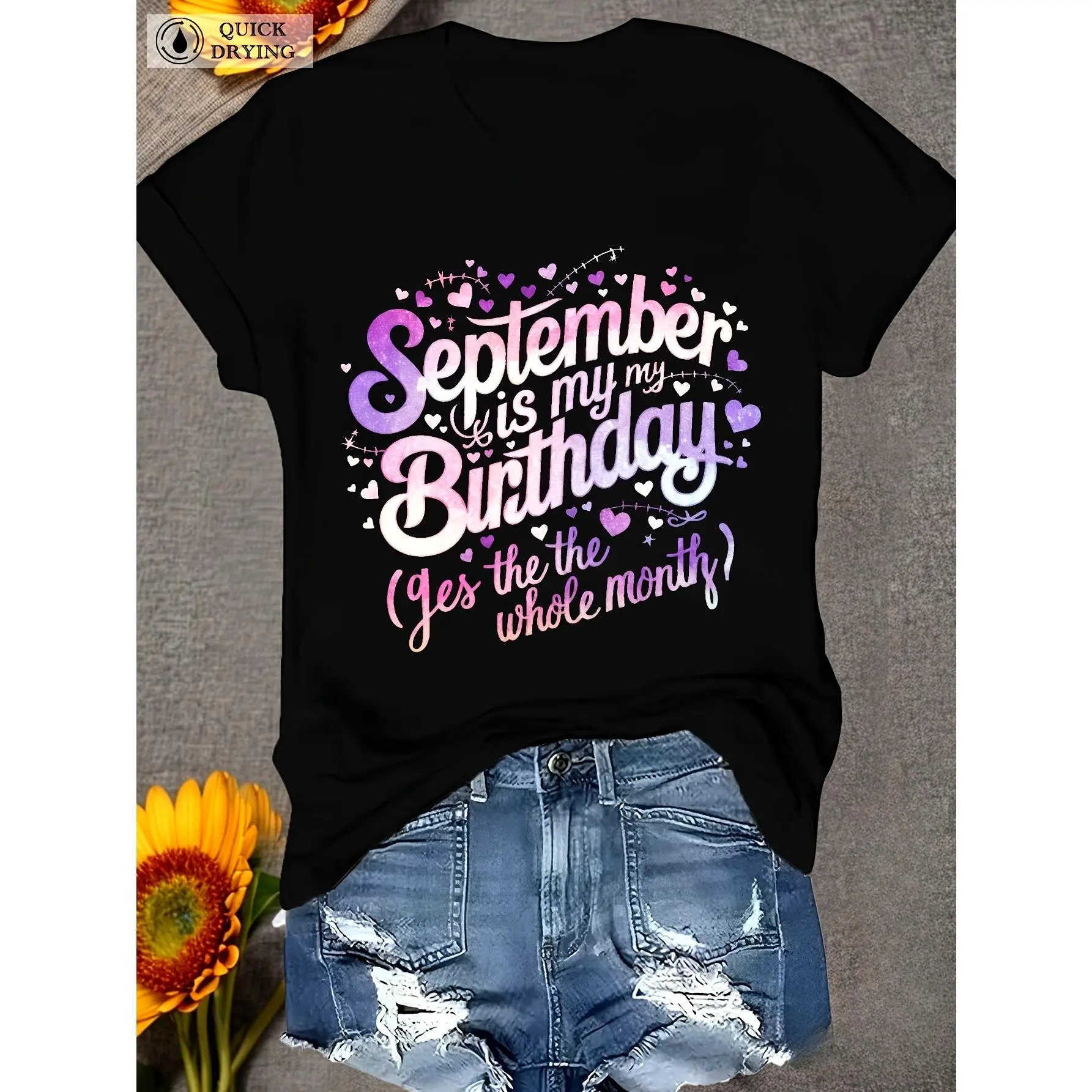 Cotton Knit Crew Neck Graphic Tees - September Birthday-Themed Top with Colorful Lettering, Geometric Hearts-Stars Pattern, Ideal for Birthday Party & Casual Sportswear