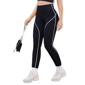 Women Seamless Ribbed Leggings, High Waisted Tummy Control Scrunch Butt Workout Pants, Contrast Line Stretch Athletic Leggings for Gym Running Fitness