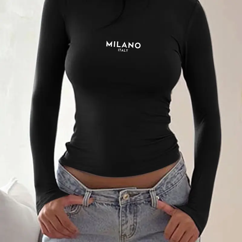 Women's Slim-Fit Round Neck Long Sleeve T-Shirt, Fashion Letter Print Casual Top, Comfortable All-Season Wear, Versatile Daily, Casual Trendy Tee