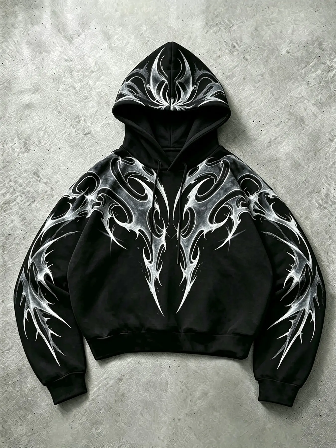 Men's Hooded Pullover Sweatshirt, Gothic Spike Tribal Full Print Long Sleeve, Soft Casual Loose Y2K Streetwear, Perfect for Concerts and Daily Wear