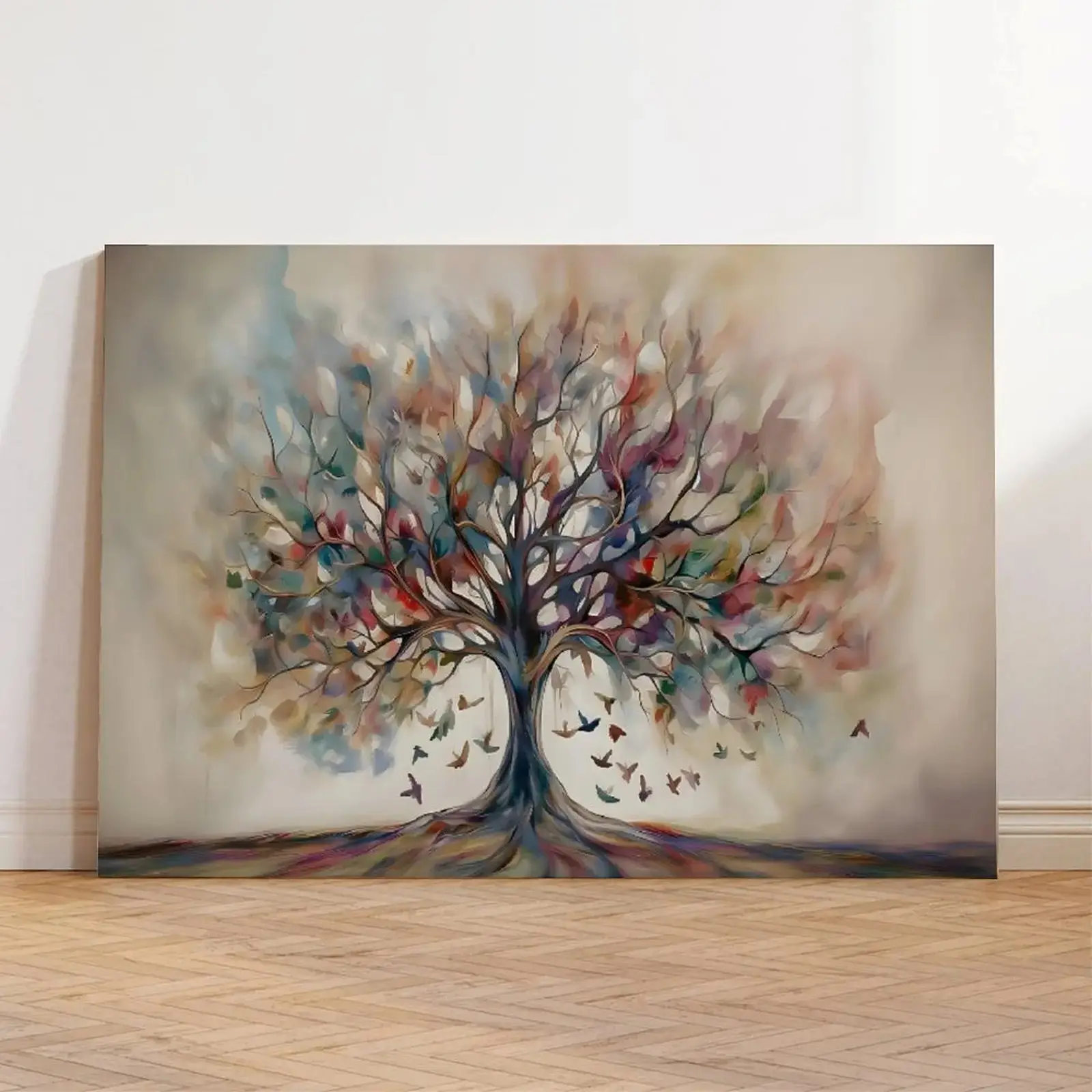 Modern Abstract Life Tree Oil Painting, Colorful Watercolor Tree Bird Decor, Nordic Style Canvas Art, Perfect Gift for New Home, Wedding, Retirement