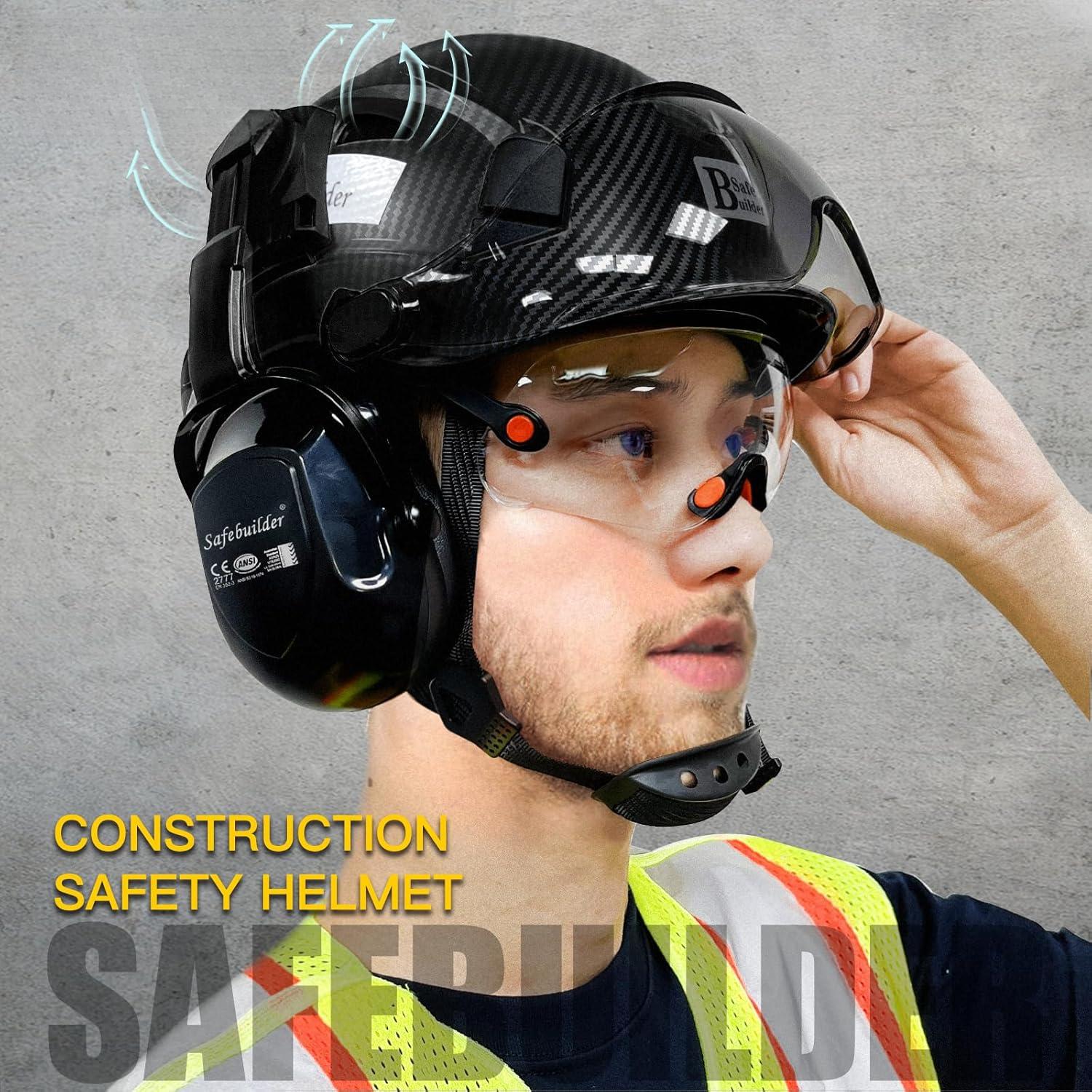 Industrial Safety Helmet with Visor Ear Muffs Hard Hat with Visor Vented Hardhats Construction Work Head Protection Face Shield Hearing Protection