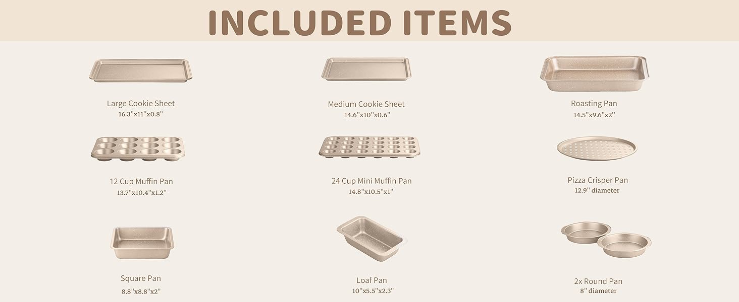 10-Piece Baking Pans Set, Bakeware Sets Nonstick, Baking Set for Oven Cooking, Stackable Carbon Steel Pans Include Cookie Sheets, Muffin , Cake , Pizza , Loaf, Roasting, Gold