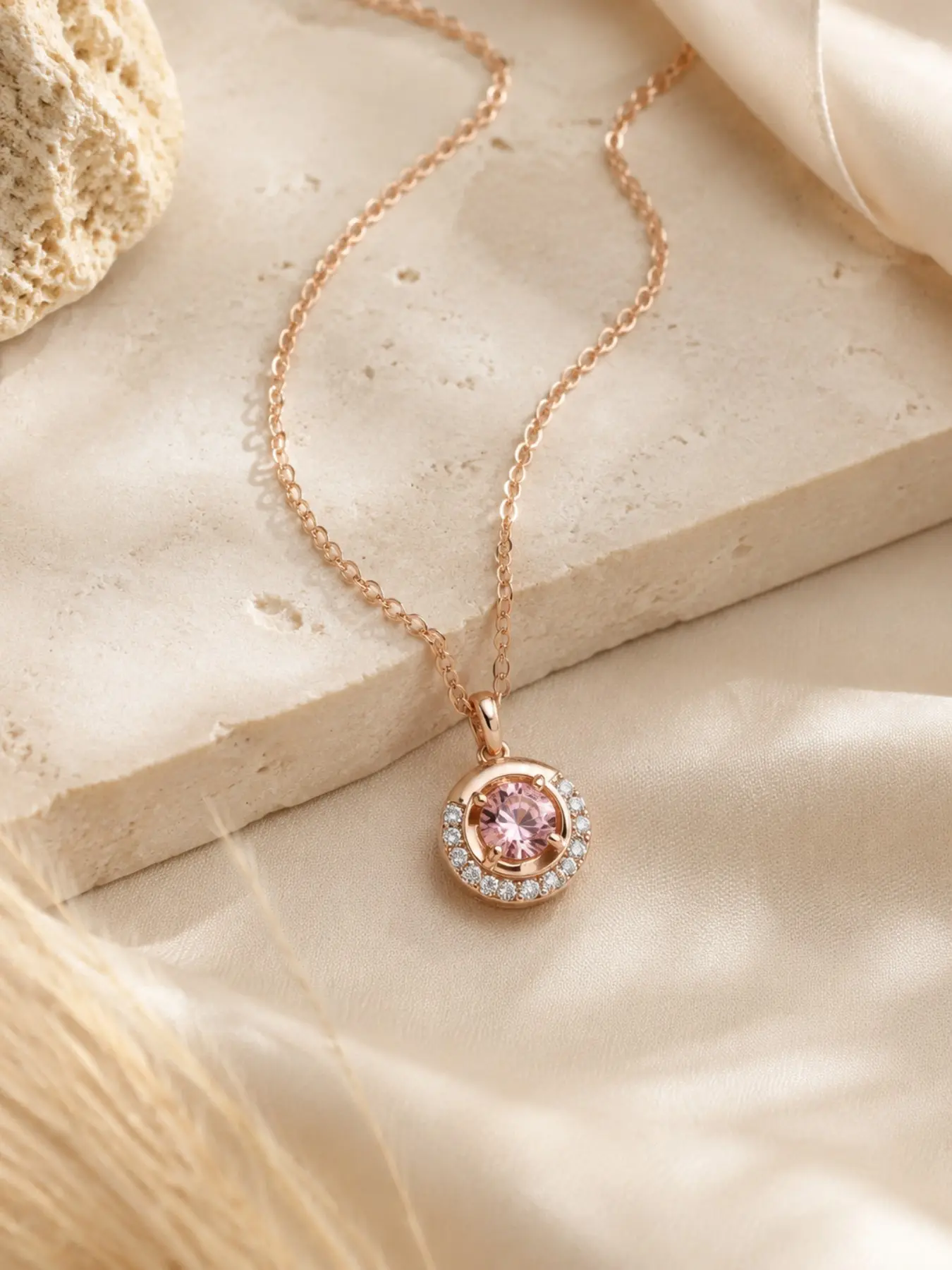 Rose Gold Halo Pendant Necklace, Elegant Minimalist Style, Cubic Zirconia, Sparkling Crystal Details, Dainty Jewelry Gift for Women, Minimalist Necklaces