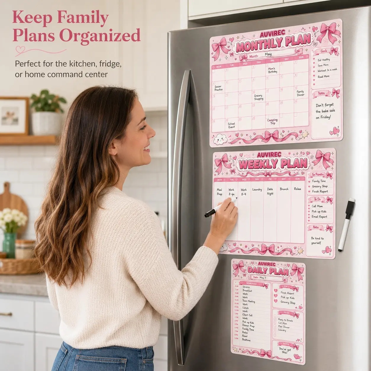 Auvirec 3-Piece Bow Pet Dry Erase Calendar Set, Reusable Family Schedule Board, Includes Marker, for Kitchen, Office, Refrigerator, Dry Erase Calendar for Fridge